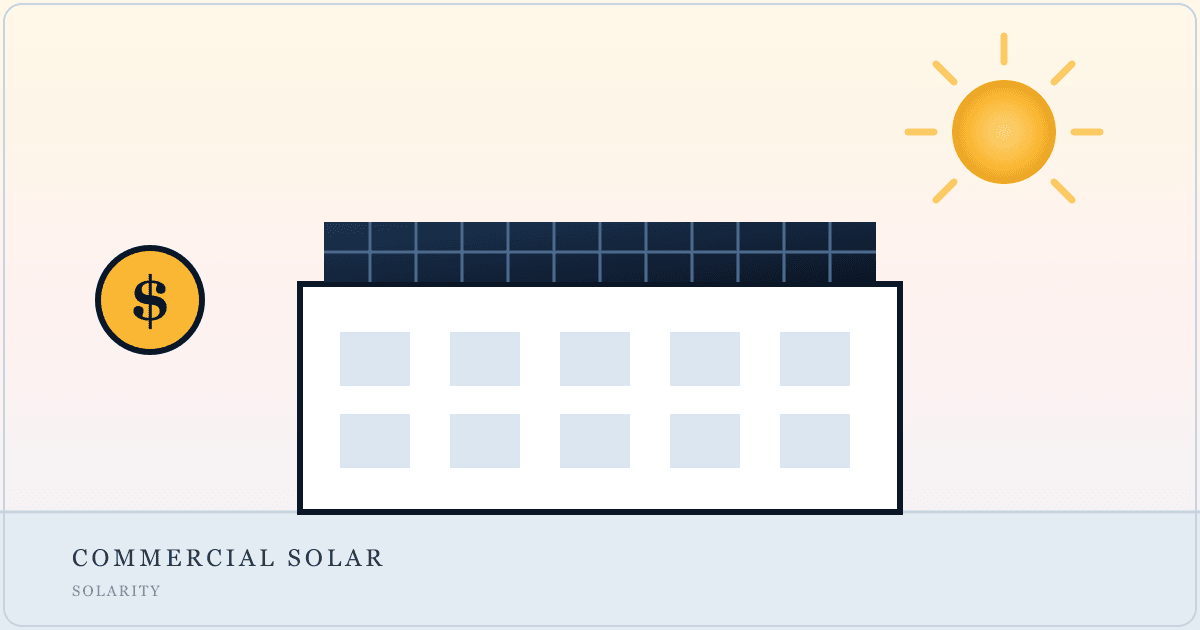 Illustration of a flat-roof commercial building topped with rows of solar panels beside a dollar coin