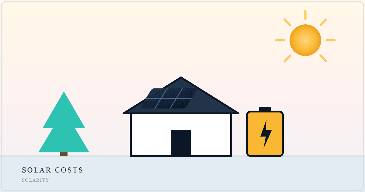 Illustration of an off-grid cabin with rooftop solar panels, a pine tree and a battery unit